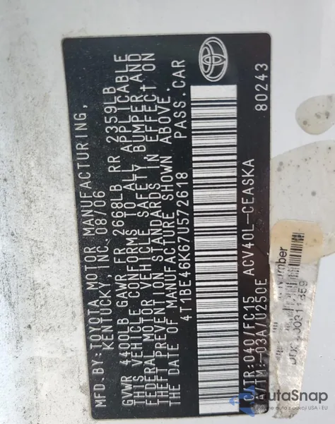 2007 Toyota Camry Ce z USA, uszkodzony, nr VIN 4T1BE46K67U572618